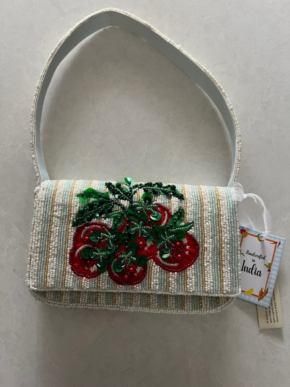 Viral Tomato Women's Beaded Cream Shoulder Bag Red & Green Floral Embroidery